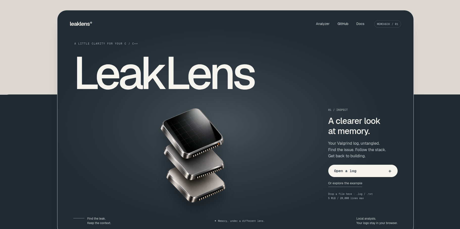 LeakLens homepage with a layered memory chip and Valgrind log upload